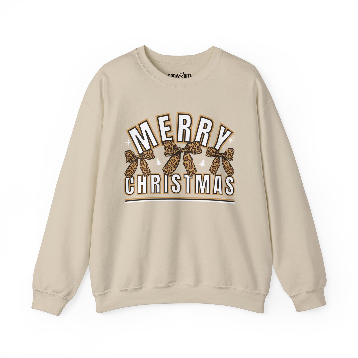 Women’s Heavy Sweatshirt – “Merry Christmas” with Leopard Print Bows | Cozy and Stylish Holiday Apparel