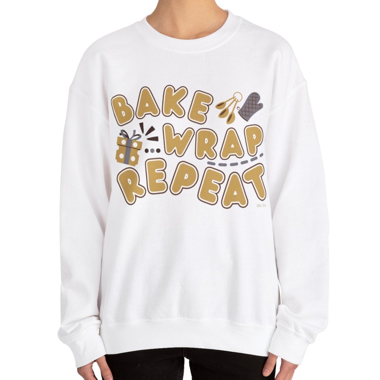 Women's Heavy Sweatshirt – "Bake Wrap Repeat" Fun Holiday Baking and Wrapping Graphic Sweatshirt