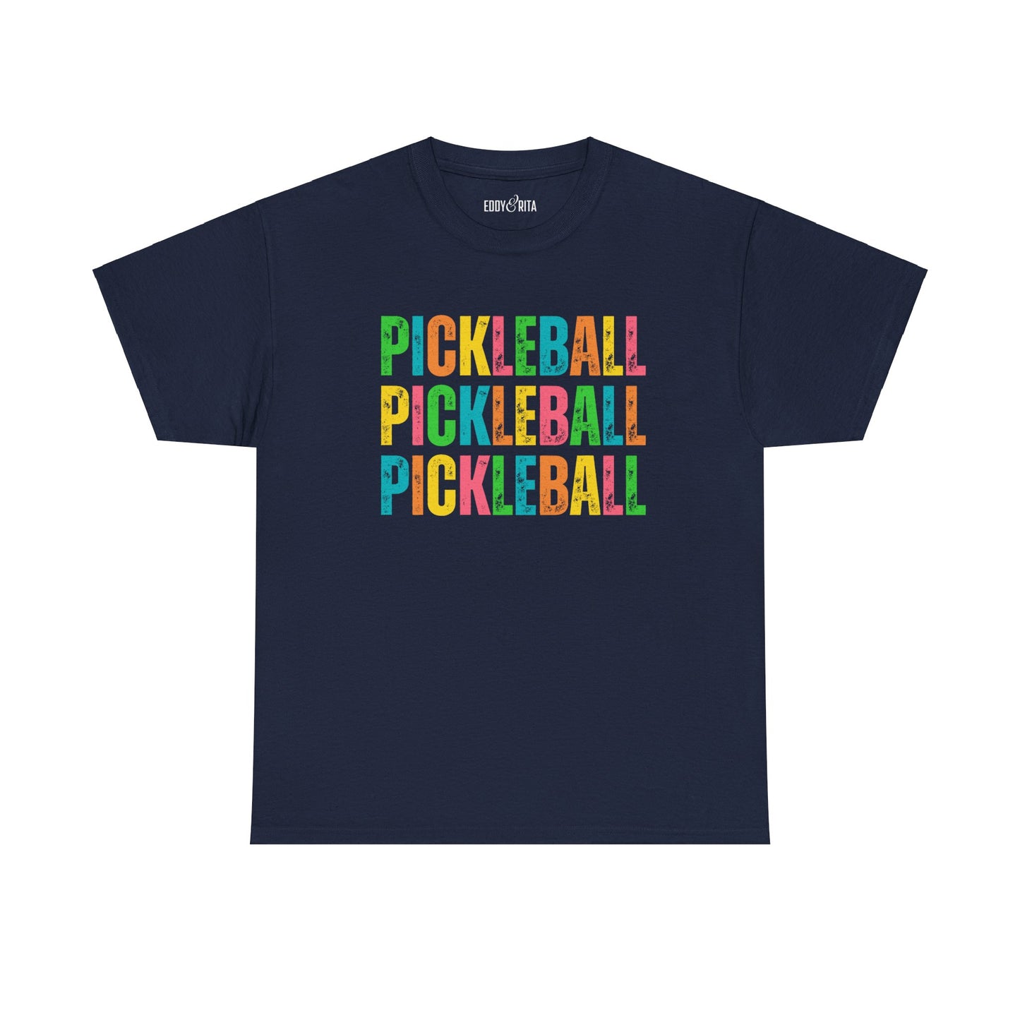 Eddy and Rita Women's Heavy Cotton T-Shirt - "Pickleball Pickleball Pickleball" Colorful Graphic Tee for Pickleball Enthusiasts