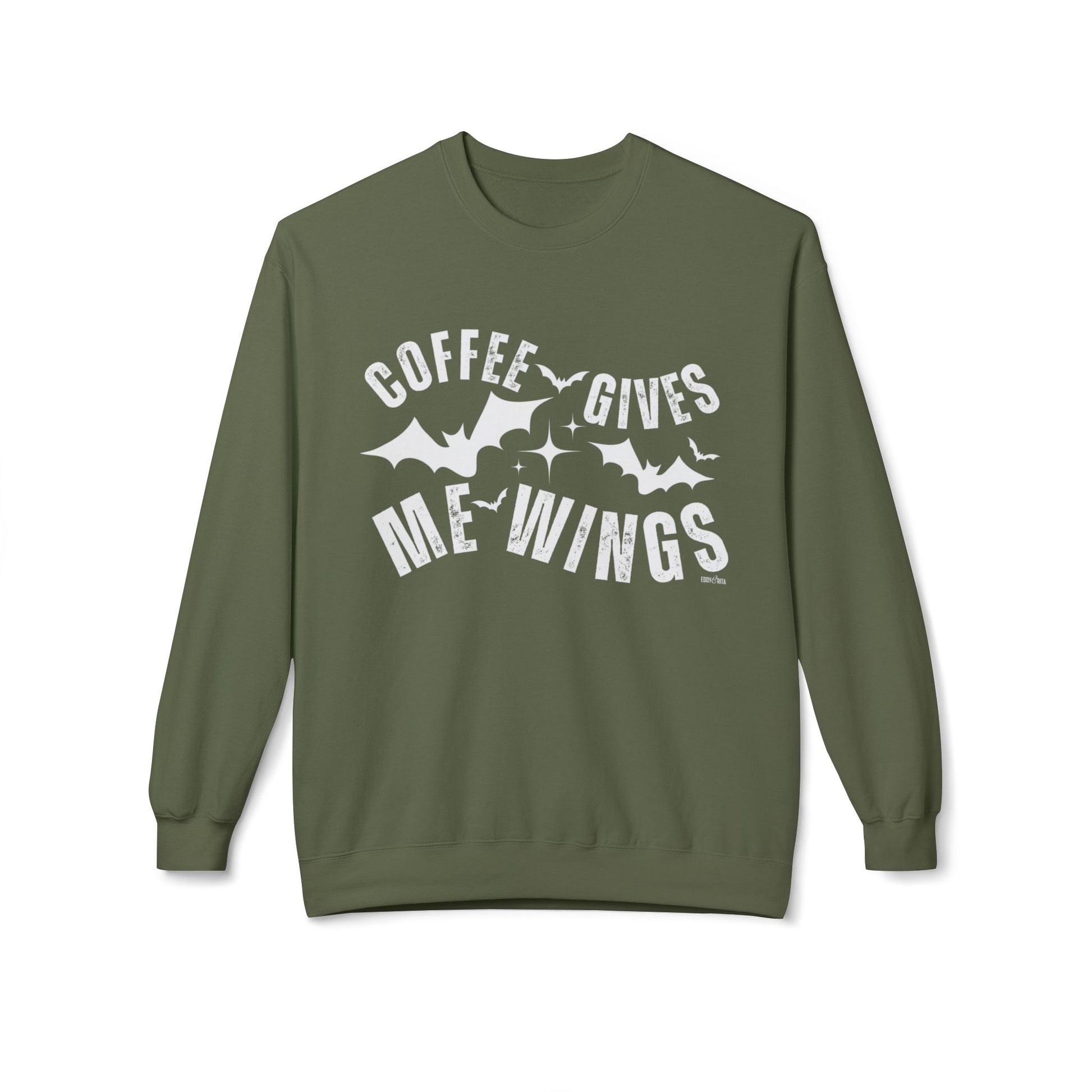 Eddy and Rita Women's Midweight Crewneck Sweatshirt - "Coffee Gives Me Wings" Halloween Bat Graphic Pullover