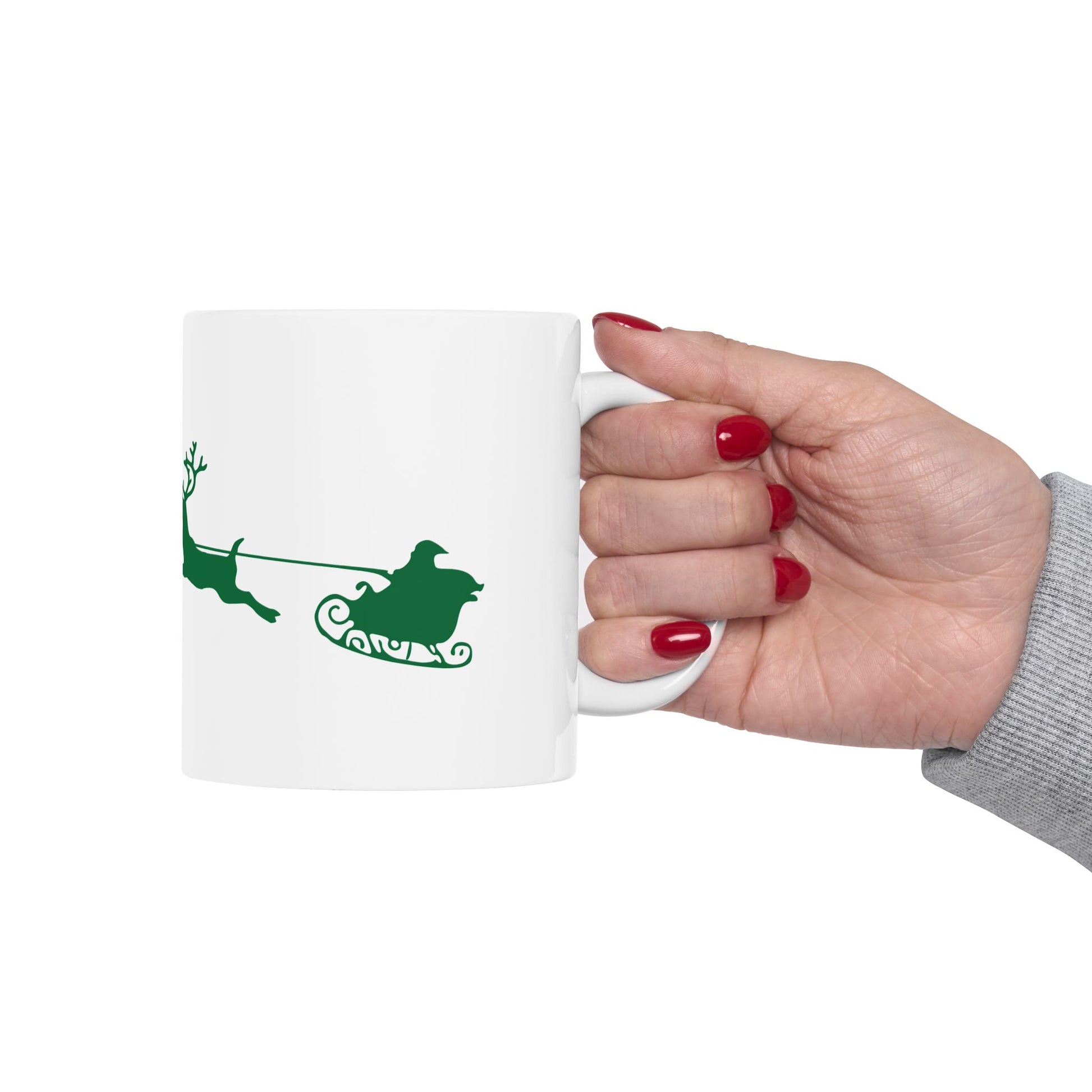 11 oz Ceramic Coffee Mug - Green and White "Santa's Sleigh" Design | Festive Holiday Mug for Christmas Cheer