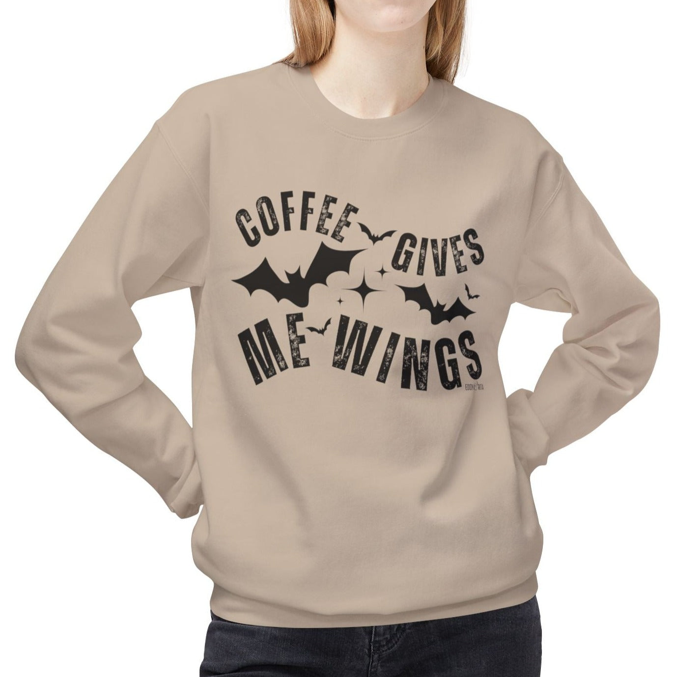 Eddy and Rita Women's Midweight Crewneck Sweatshirt - "Coffee Gives Me Wings" Halloween Bat Graphic Pullover