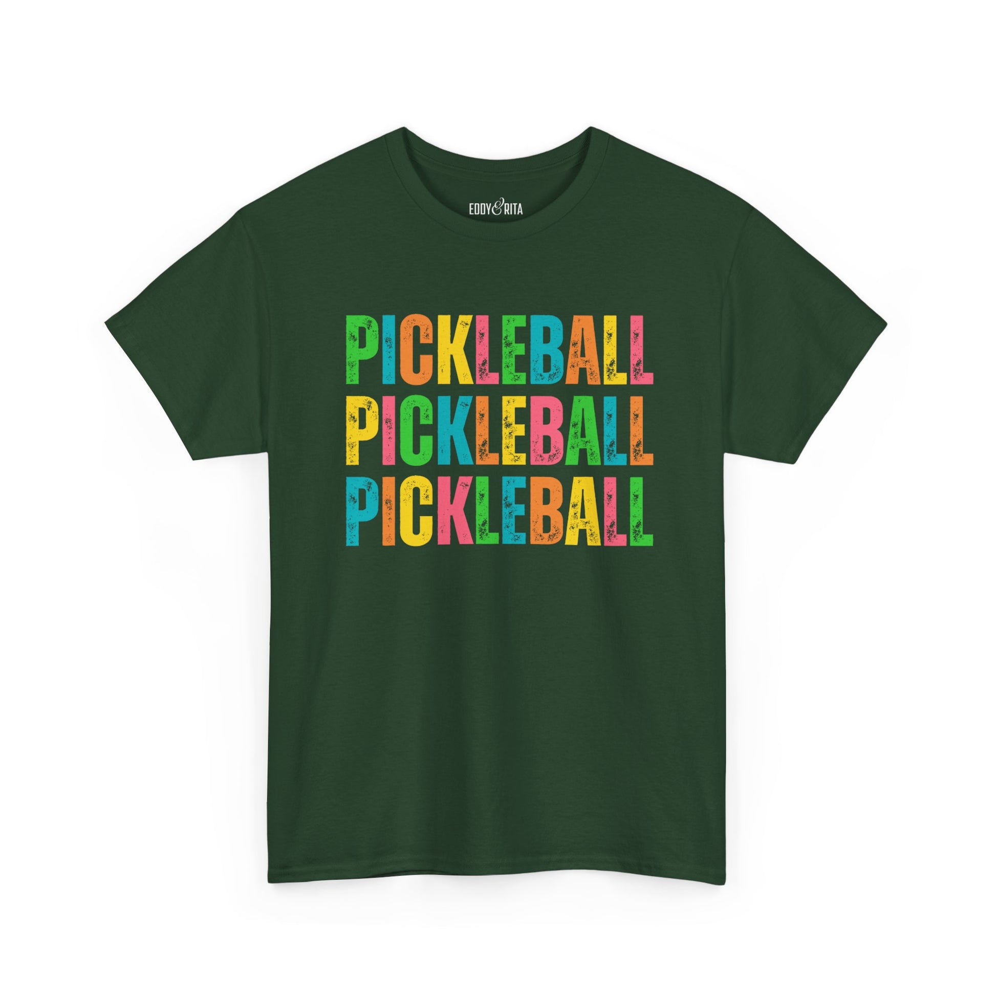 Eddy and Rita Women's Heavy Cotton T-Shirt - "Pickleball Pickleball Pickleball" Colorful Graphic Tee for Pickleball Enthusiasts