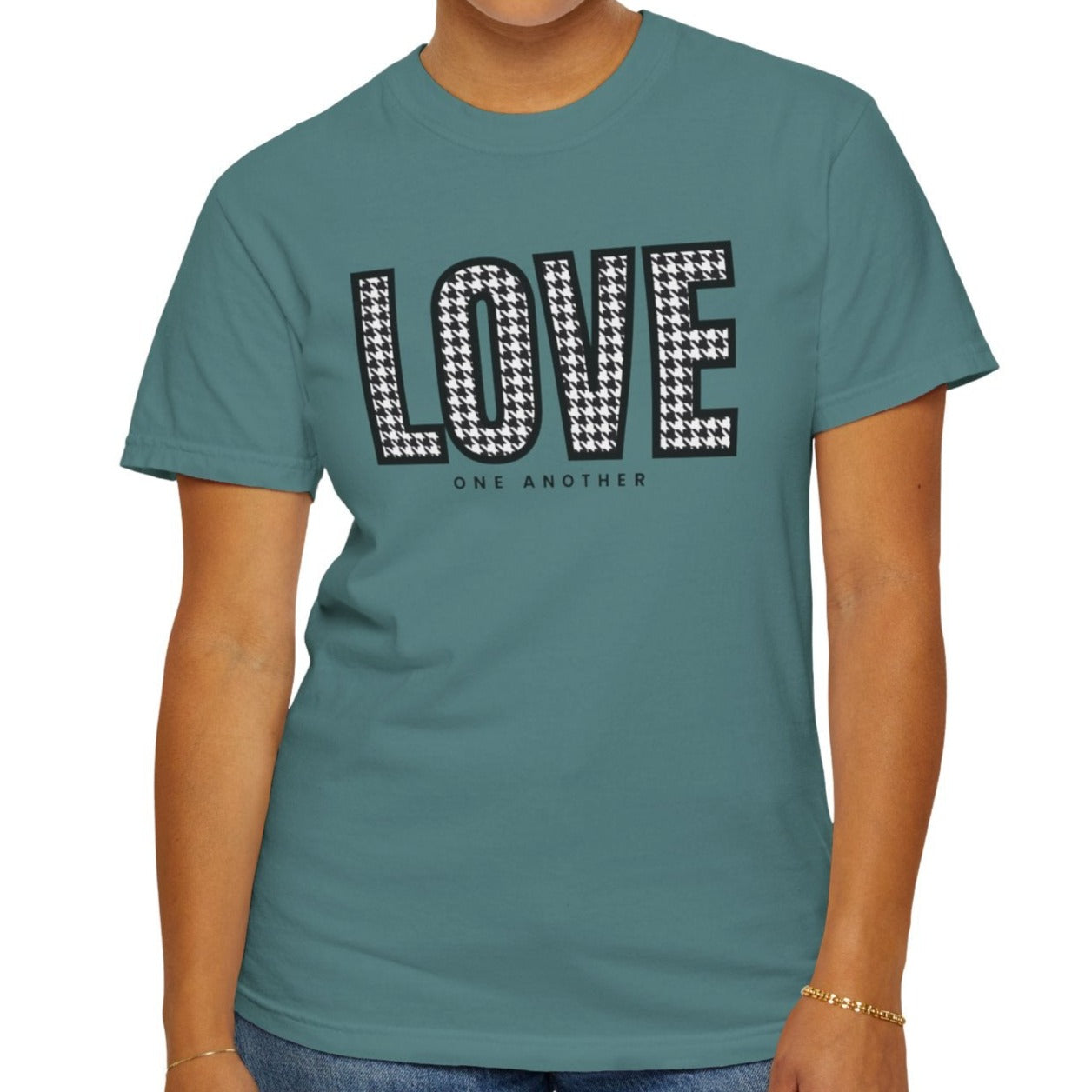 Love One Another Houndstooth Women's Comfort Colors Tee: Cozy Style with Inspirational Charm