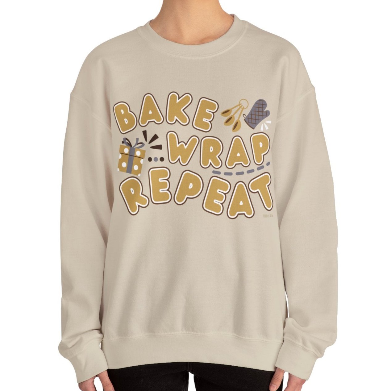 Women's Heavy Sweatshirt – "Bake Wrap Repeat" Fun Holiday Baking and Wrapping Graphic Sweatshirt