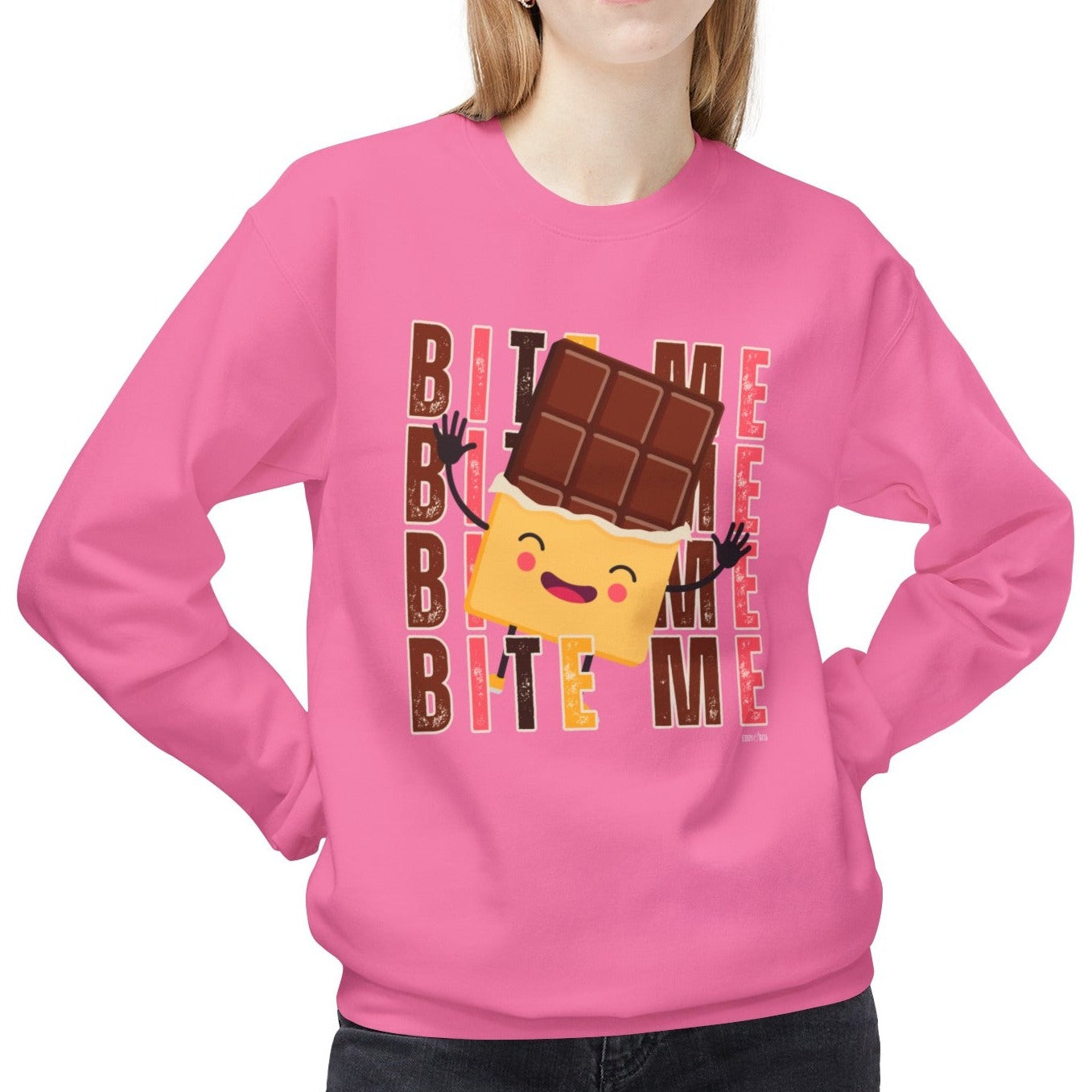 Eddy and Rita Women's Midweight Crewneck Sweatshirt - "Bite Me" Happy Chocolate Bar Graphic Pullover