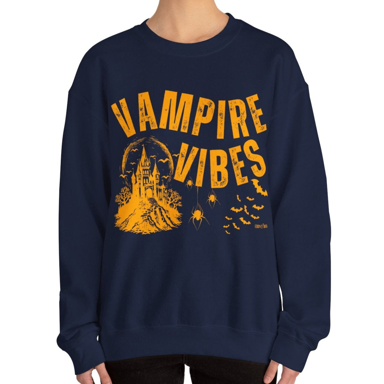 Eddy and Rita Women's Heavy Crewneck Sweatshirt - "Vampire Vibes" Halloween Graphic Pullover