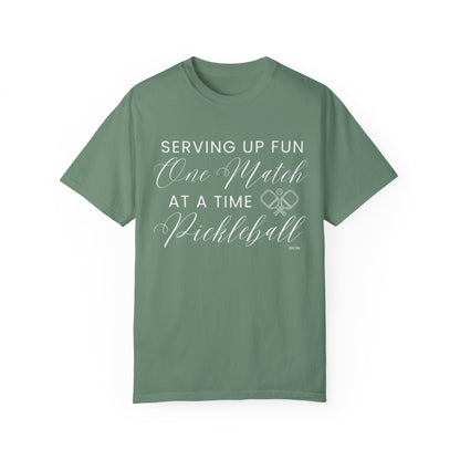 Eddy and Rita Women's Comfort Colors T-Shirt - "Serving Up Fun One Match at a Time Pickleball" Colorful Graphic Tee for Pickleball Enthusiasts