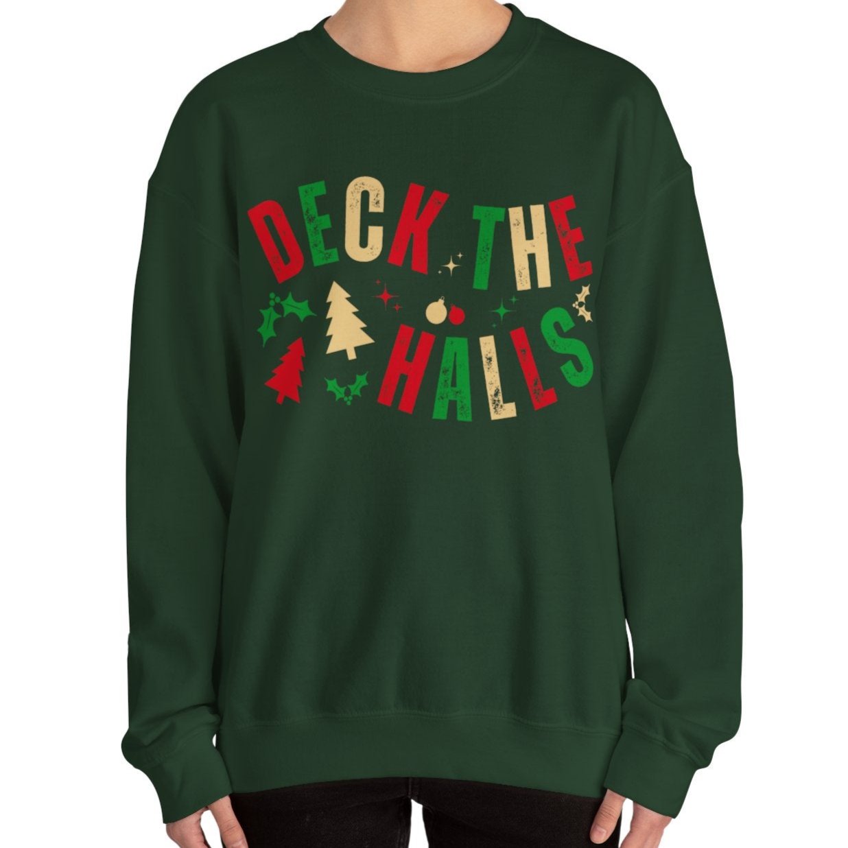 Women's Heavy Sweatshirt – "Deck the Halls" Festive Holiday Graphic Sweatshirt