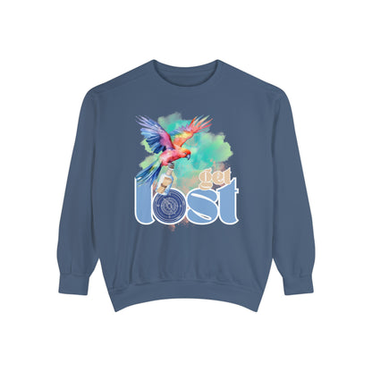 Get Lost Women's Long Sleeve Comfort Colors Sweatshirt with Tropical Bird Design - Eddy and Rita