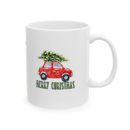 11 oz Ceramic Mug – “Merry Christmas Car with Tree” | Festive and Playful Holiday Coffee Cup