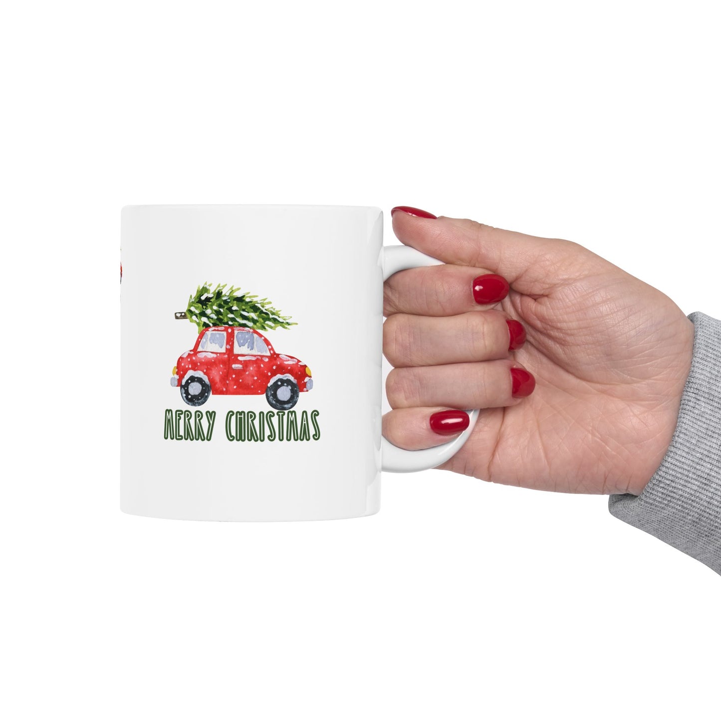 11 oz Ceramic Mug – “Merry Christmas Car with Tree” | Festive and Playful Holiday Coffee Cup