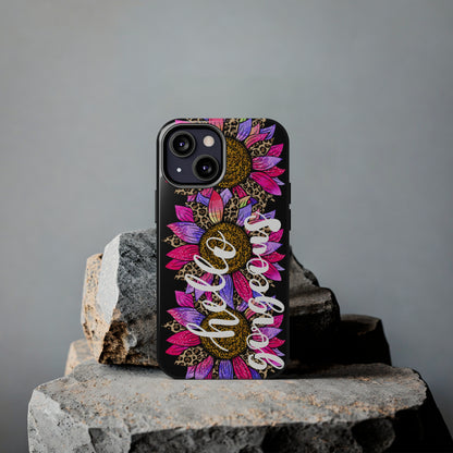 Hello Gorgeous Pink Purple Leopard Sunflowers iPhone Case - Stylish Floral Protective Cover