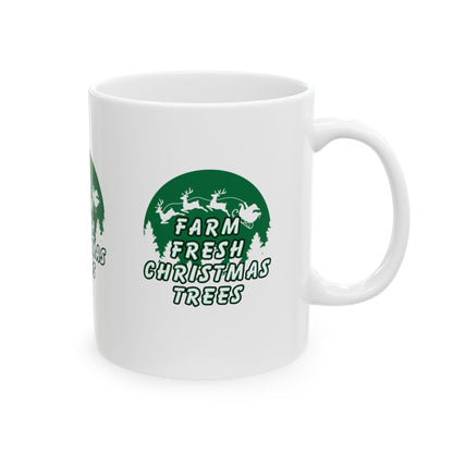 11 oz Ceramic Mug – “Farm Fresh Christmas Trees” Design | Festive and Rustic Holiday Coffee Cup