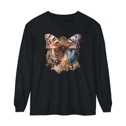 Women's Comfort Colors Long Sleeve Tee: 'Strength in Change' Butterfly - Eddy and Rita