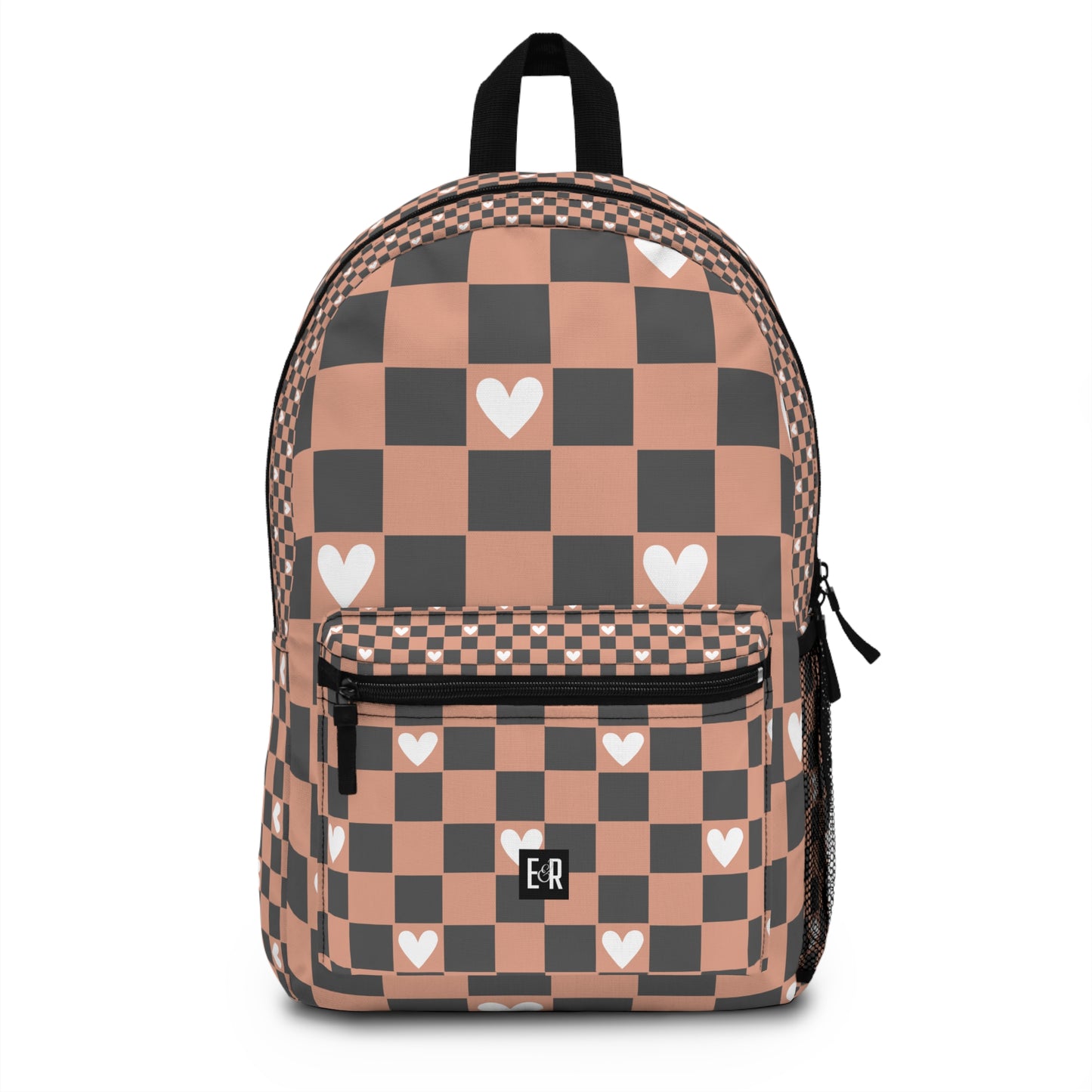 Eddy and Rita Women's Blush Pink and Charcoal Checks Backpack with White Hearts - Premium Designer Bag