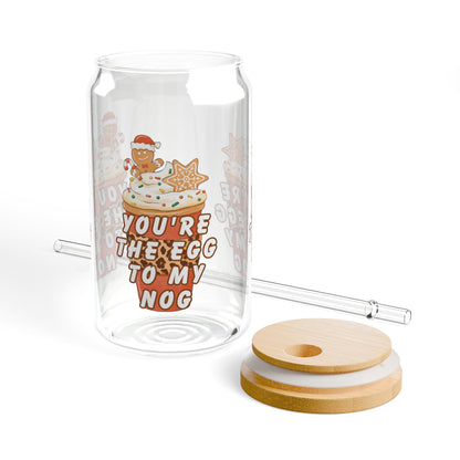 Sipper Glass 16oz – “You Are the Egg to My Nog” Holiday Design | Perfect Stocking Stuffer Gift