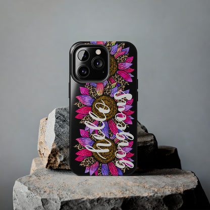 Hello Gorgeous Pink Purple Leopard Sunflowers iPhone Case - Stylish Floral Protective Cover