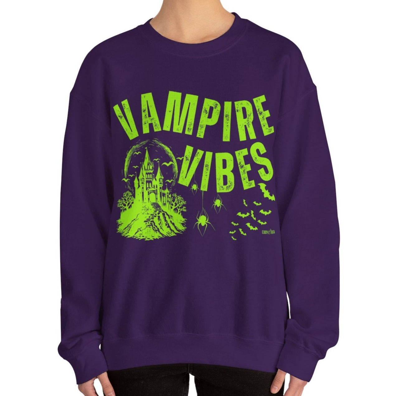 Eddy and Rita Women's Heavy Crewneck Sweatshirt - "Vampire Vibes" Halloween Graphic Pullover