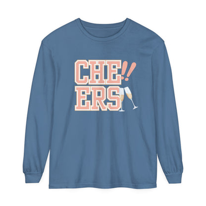 Comfort Colors Women's Cheers Long Sleeve Tee with Champagne Glasses Design - Eddy and Rita