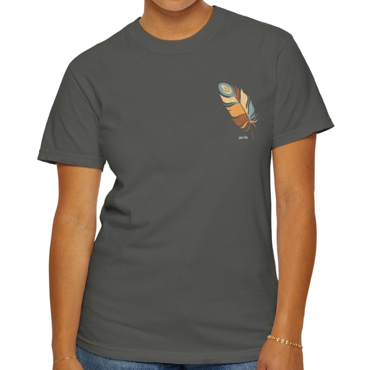 Eddy and Rita Women's Comfort Colors Tee - "Catch A Break" Feather Graphic Pocket Print & Full Back Print