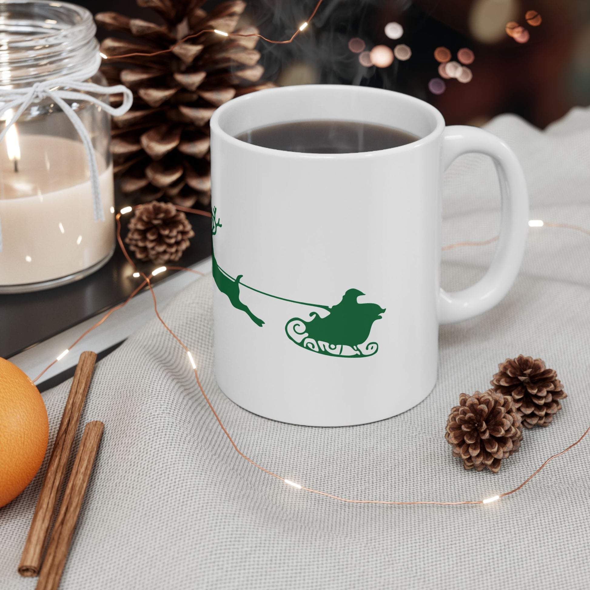 11 oz Ceramic Coffee Mug - Green and White "Santa's Sleigh" Design | Festive Holiday Mug for Christmas Cheer