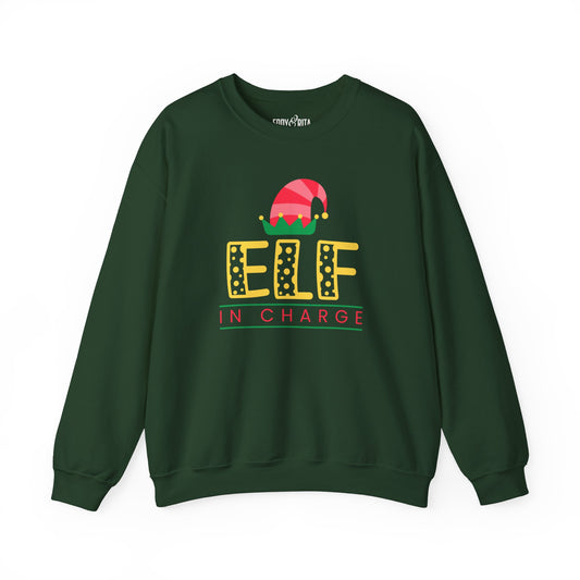 Women's Heavy Sweatshirt – "Elf In Charge" Fun Christmas Graphic Sweatshirt