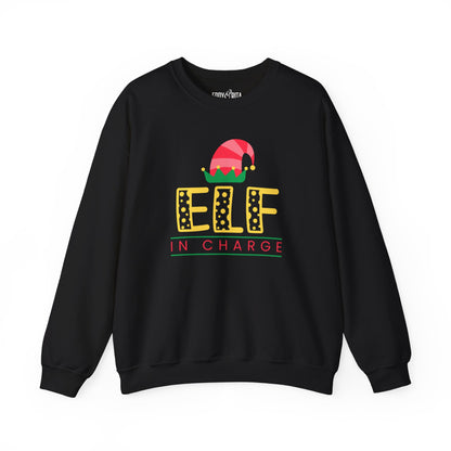 Women's Heavy Sweatshirt – "Elf In Charge" Fun Christmas Graphic Sweatshirt