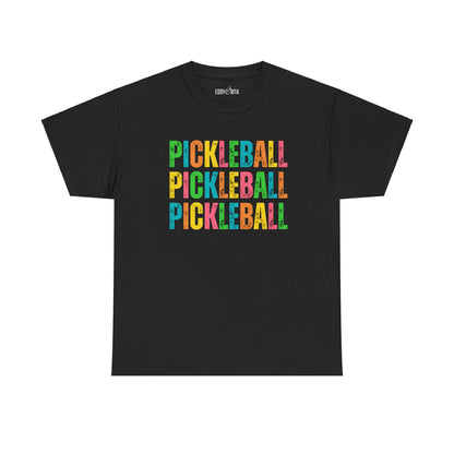 Eddy and Rita Women's Heavy Cotton T-Shirt - "Pickleball Pickleball Pickleball" Colorful Graphic Tee for Pickleball Enthusiasts