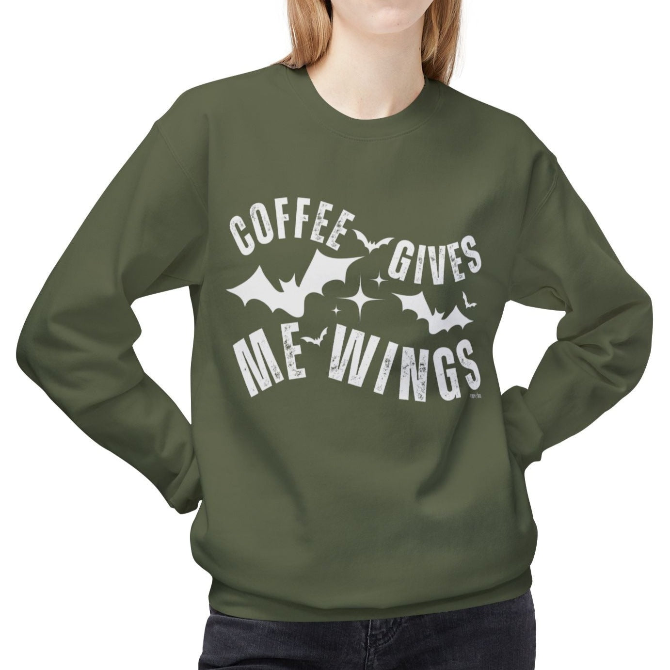 Eddy and Rita Women's Midweight Crewneck Sweatshirt - "Coffee Gives Me Wings" Halloween Bat Graphic Pullover