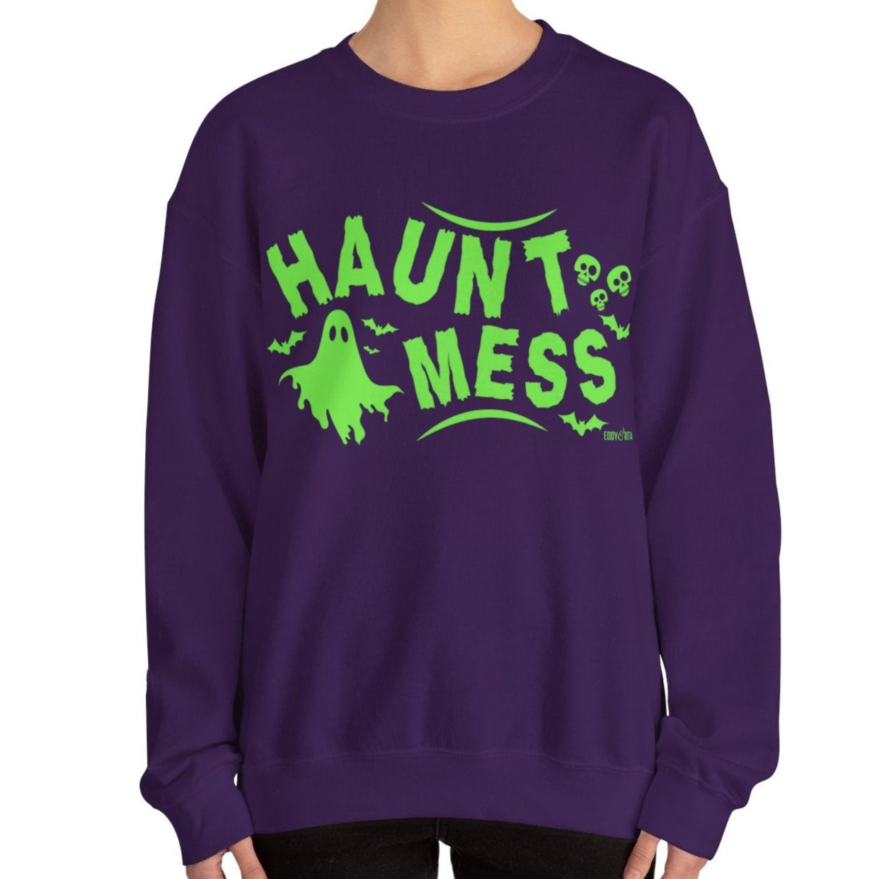 Eddy and Rita Women's Heavy Crewneck Sweatshirt - "Haunt Mess" Halloween Graphic Pullover