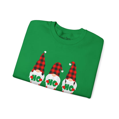 Ho Ho Ho with Three Red and Black Checked Gnomes Women's Sweatshirt - Festive Holiday Fashion