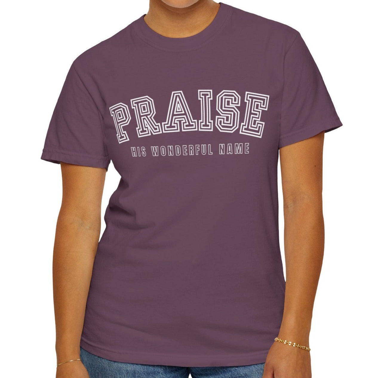 Eddy and Rita Women's Comfort Colors T-Shirt - "Praise His Wonderful Name" Soft Cotton Christian Graphic Tee