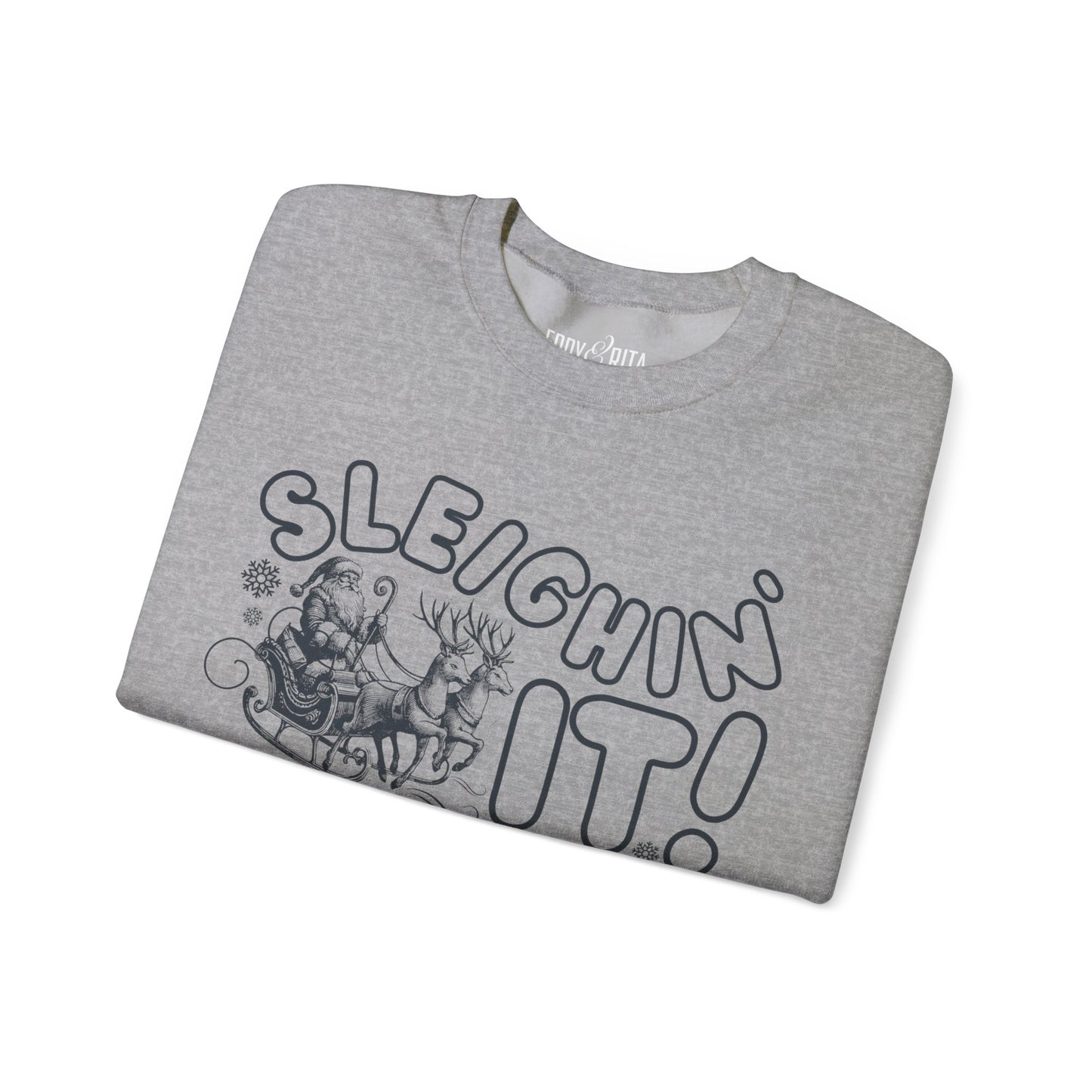 Women's Heavy Sweatshirt – "Sleighin It" Fun and Festive Christmas Graphic Sweatshirt