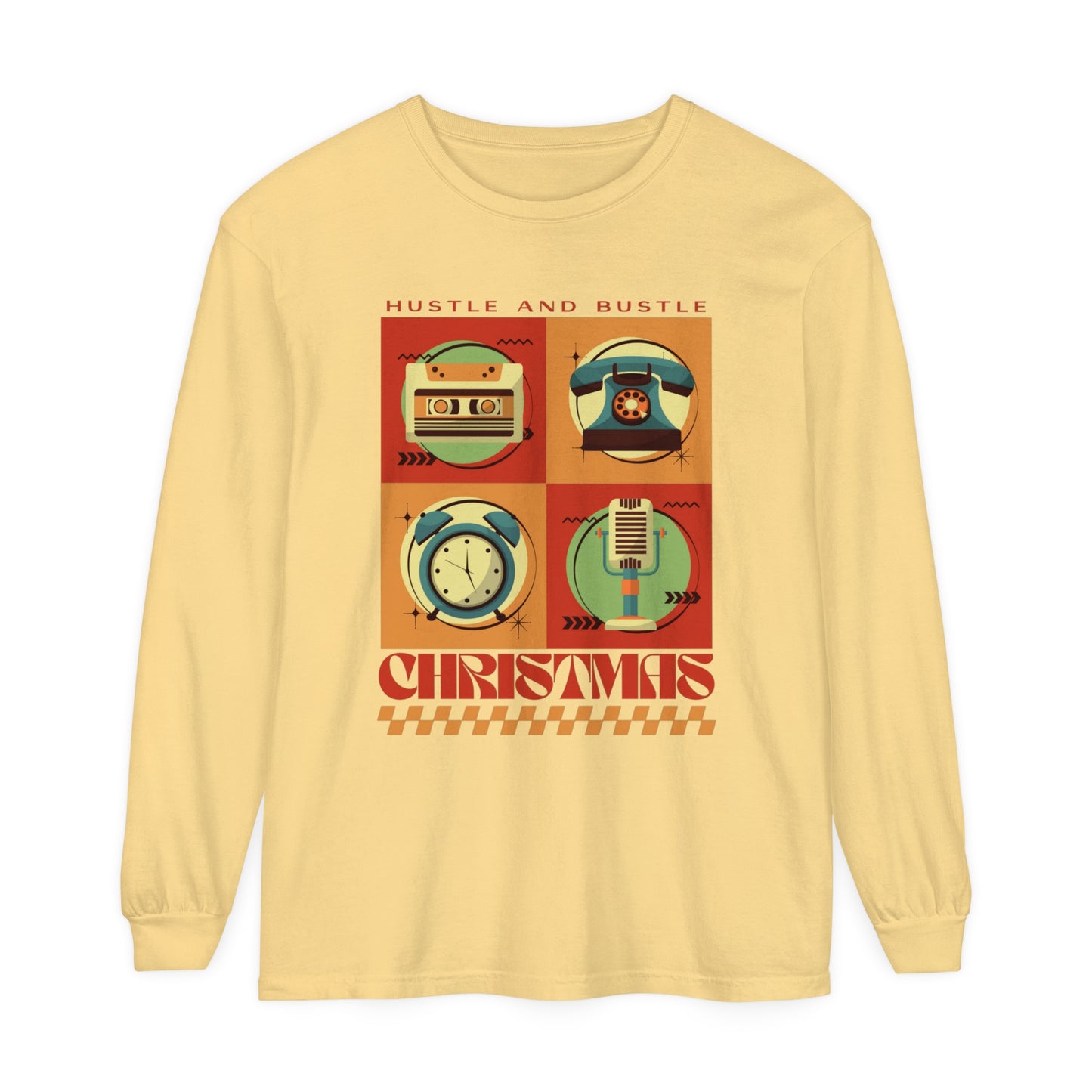 Women's Retro Christmas Tee: 'Hustle and Bustle Christmas' - Comfort Colors Long Sleeve, Cozy Festive Fashion for Seasonal Joy! - Eddy and Rita