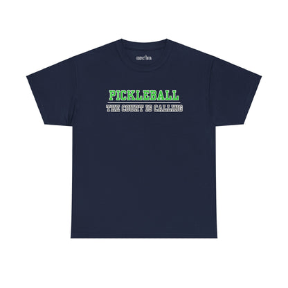 Eddy and Rita Men's Heavy Cotton T-Shirt - "Pickleball The Court is Calling" Graphic Tee for Pickleball Enthusiasts