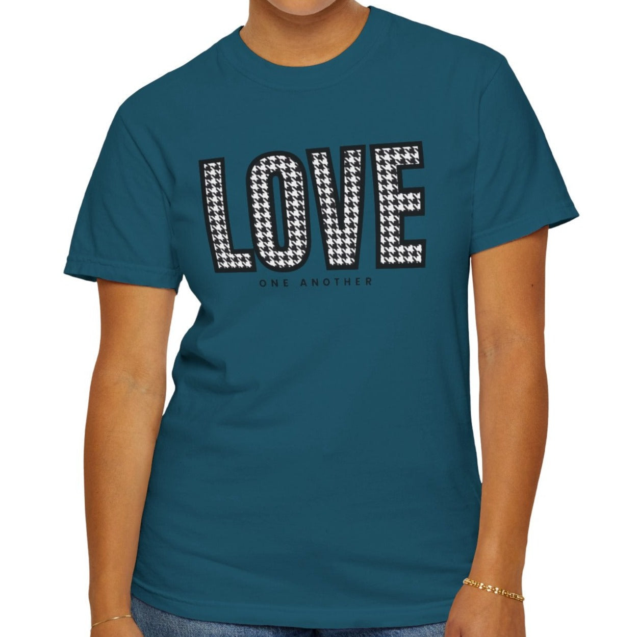 Love One Another Houndstooth Women's Comfort Colors Tee: Cozy Style with Inspirational Charm - Eddy and Rita