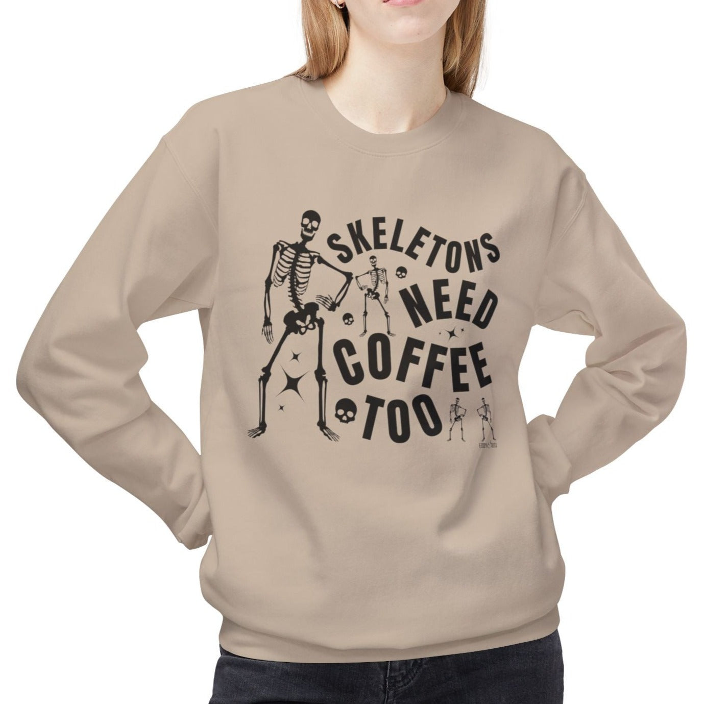 Eddy and Rita Women's Midweight Crewneck Sweatshirt - "Skeletons Need Coffee Too" Halloween Graphic Pullover