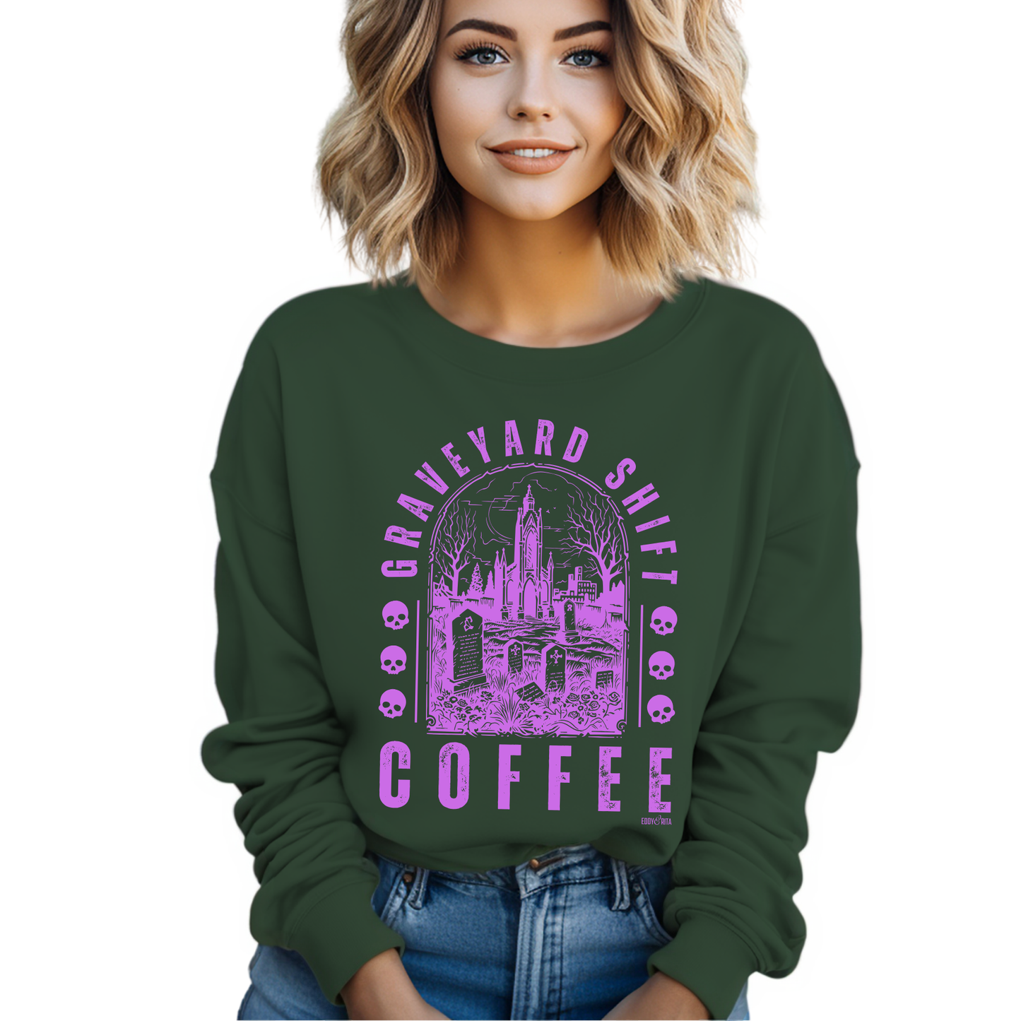 Eddy and Rita Women's Midweight Crewneck Sweatshirt - "Graveyard Shift Coffee" Halloween Graphic Pullover