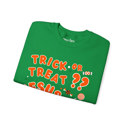 Eddy and Rita Women's Heavy Crewneck Sweatshirt - "Trick or Treat?? Jesus is Sweet" Halloween Graphic Pullover