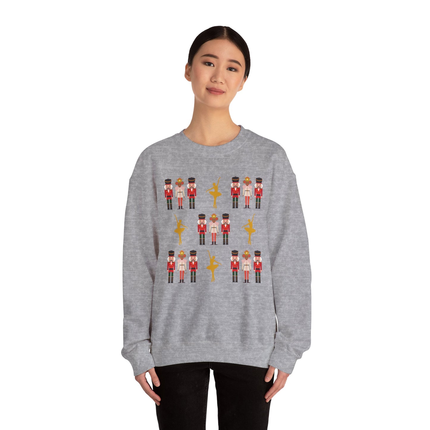 Women's Heavy Sweatshirt – "Nutcrackers with Golden Ballerina" Elegant Christmas Graphic Sweatshirt