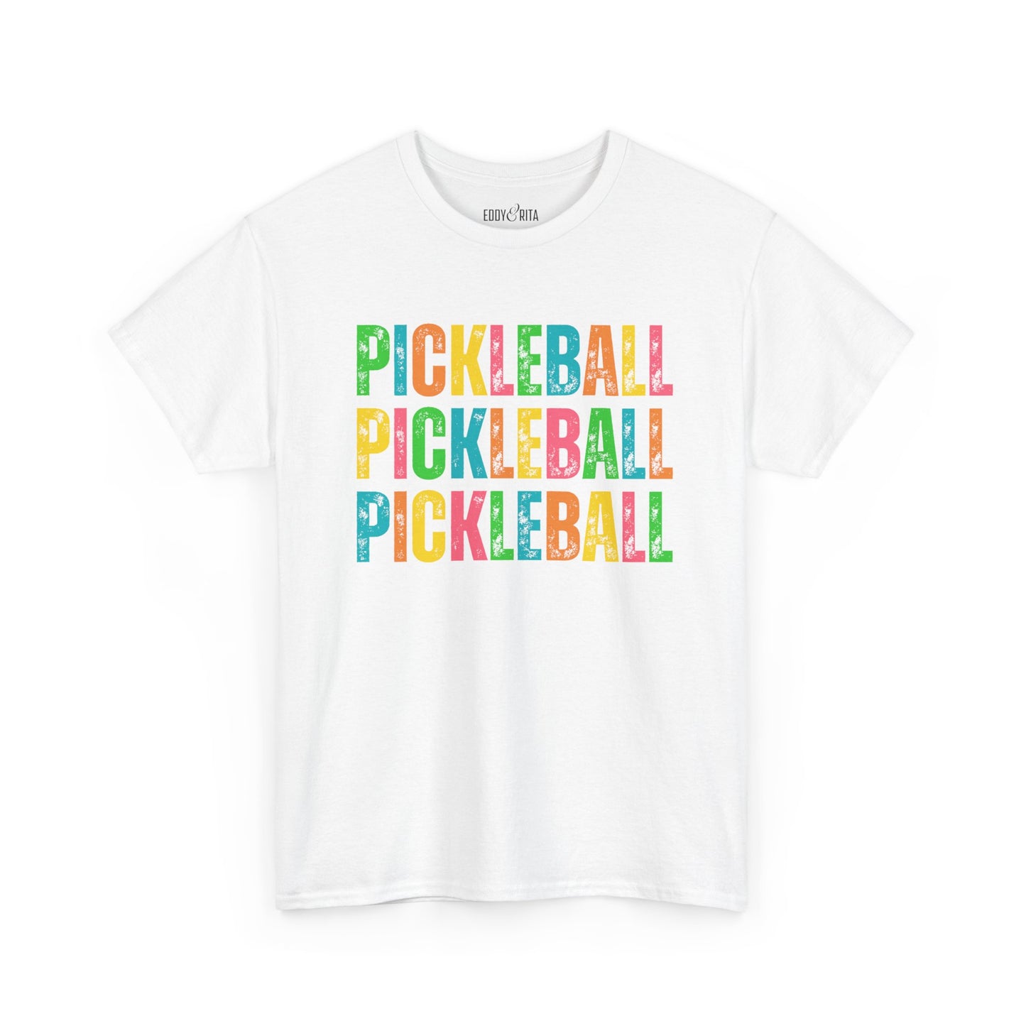 Eddy and Rita Women's Heavy Cotton T-Shirt - "Pickleball Pickleball Pickleball" Colorful Graphic Tee for Pickleball Enthusiasts