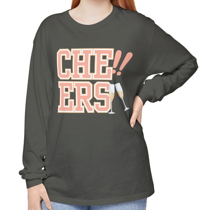 Comfort Colors Women's Cheers Long Sleeve Tee with Champagne Glasses Design - Eddy and Rita