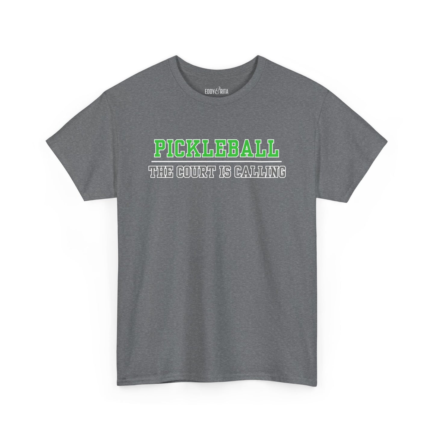 Eddy and Rita Men's Heavy Cotton T-Shirt - "Pickleball The Court is Calling" Graphic Tee for Pickleball Enthusiasts