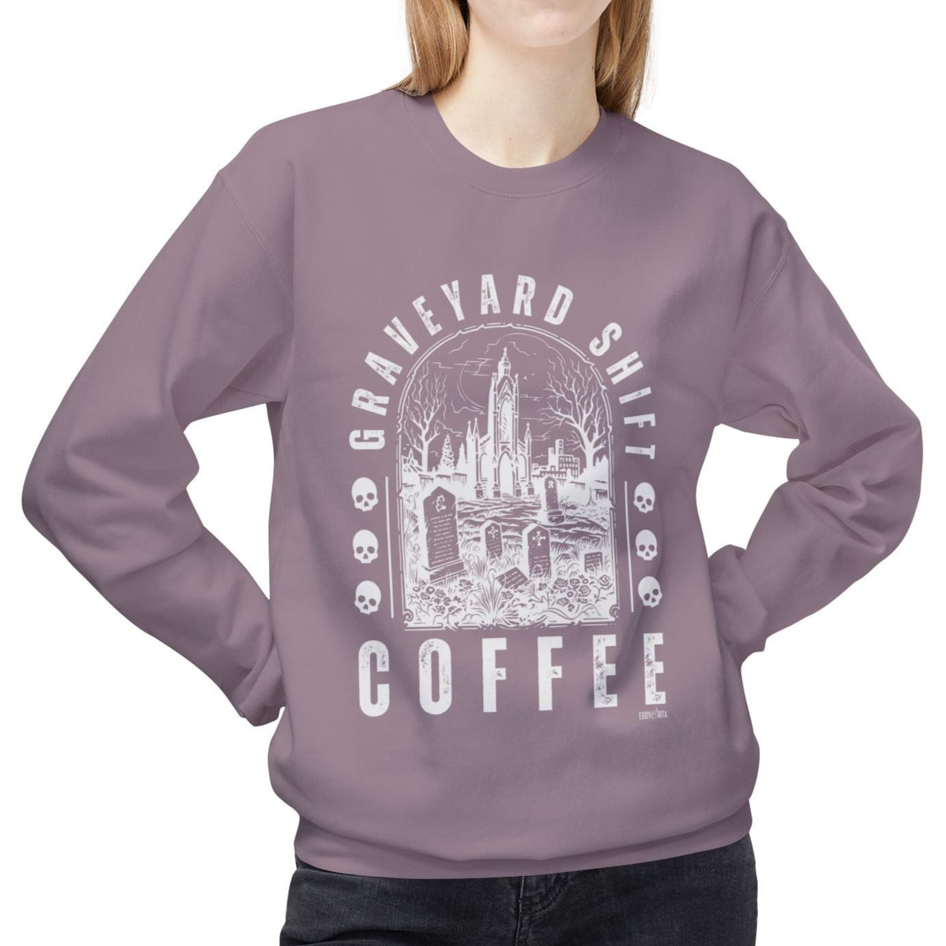 Eddy and Rita Women's Midweight Crewneck Sweatshirt - "Graveyard Shift Coffee" Halloween Graphic Pullover