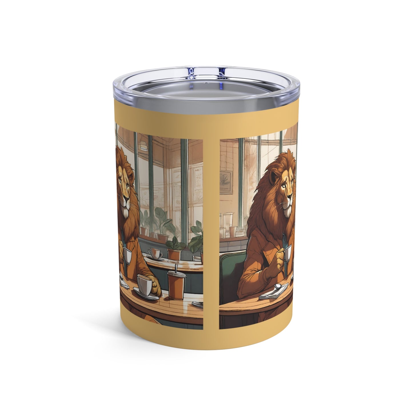 Lion Brews Elegance: 10 oz Stainless Tumbler for Coffee Enthusiasts - Unique Cafe Scene Design - Eddy and Rita