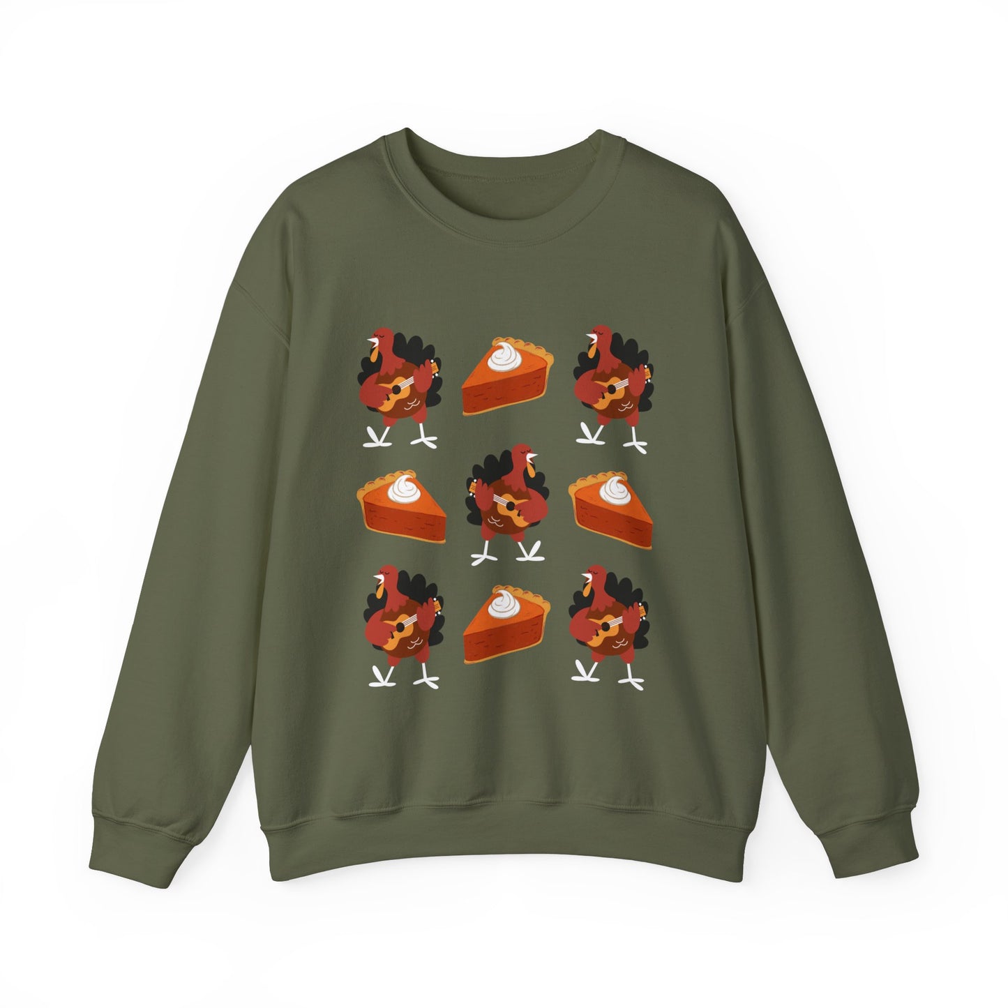 Women's Heavy Sweatshirt – "Turkeys and Pies Gobble Gobble" Fun Thanksgiving Graphic Sweatshirt