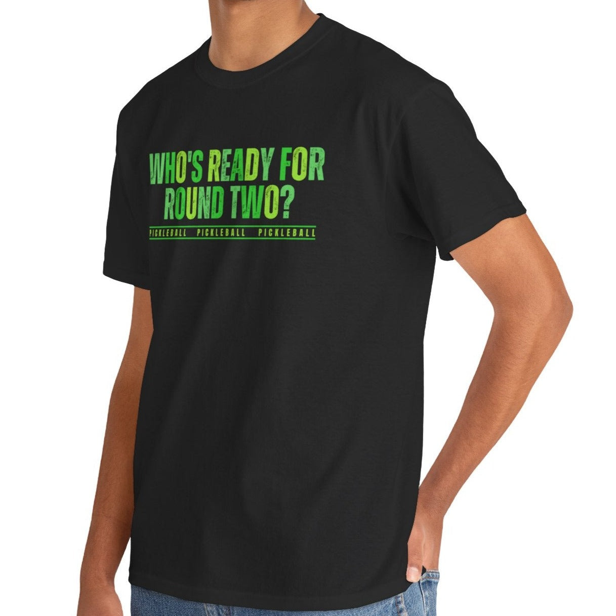 Eddy and Rita Men's Heavy Cotton T-Shirt - "Who's Ready for Round Two Pickleball" Graphic Tee for Pickleball Enthusiasts