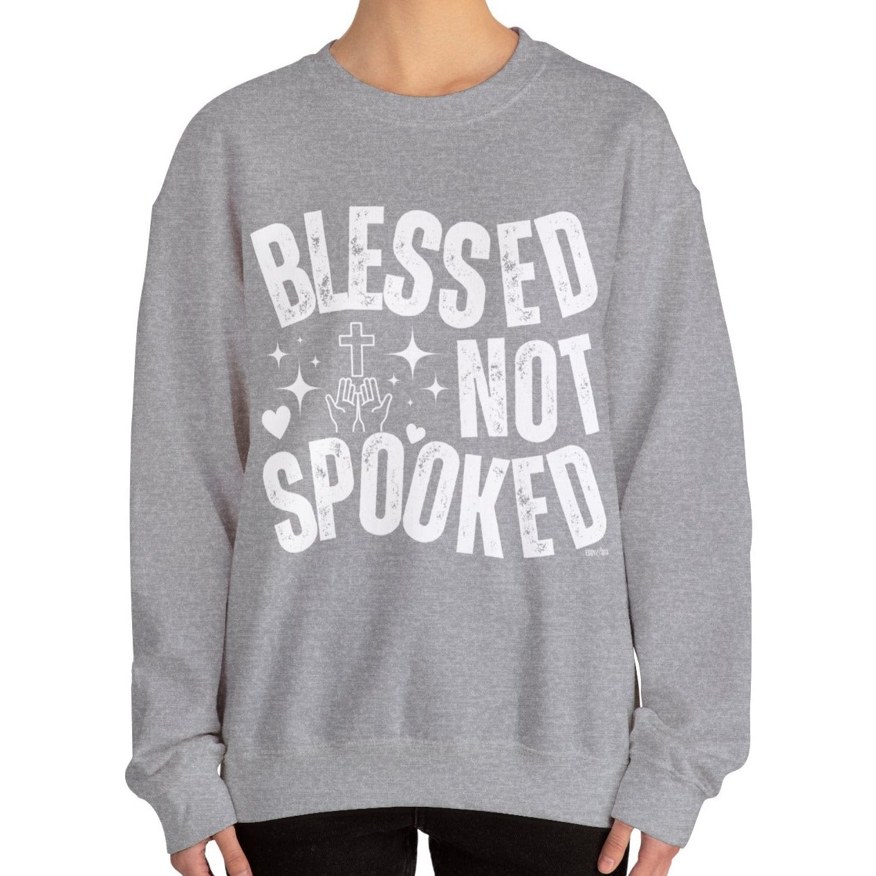 Eddy and Rita Women's Heavy Crewneck Sweatshirt - "Blessed Not Spooked" Christian Halloween Graphic Pullover