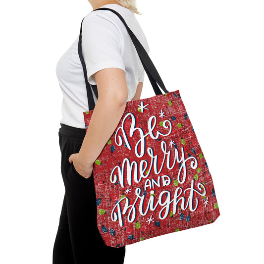 Be Merry and Bright on Red & Black Large Tote Bag